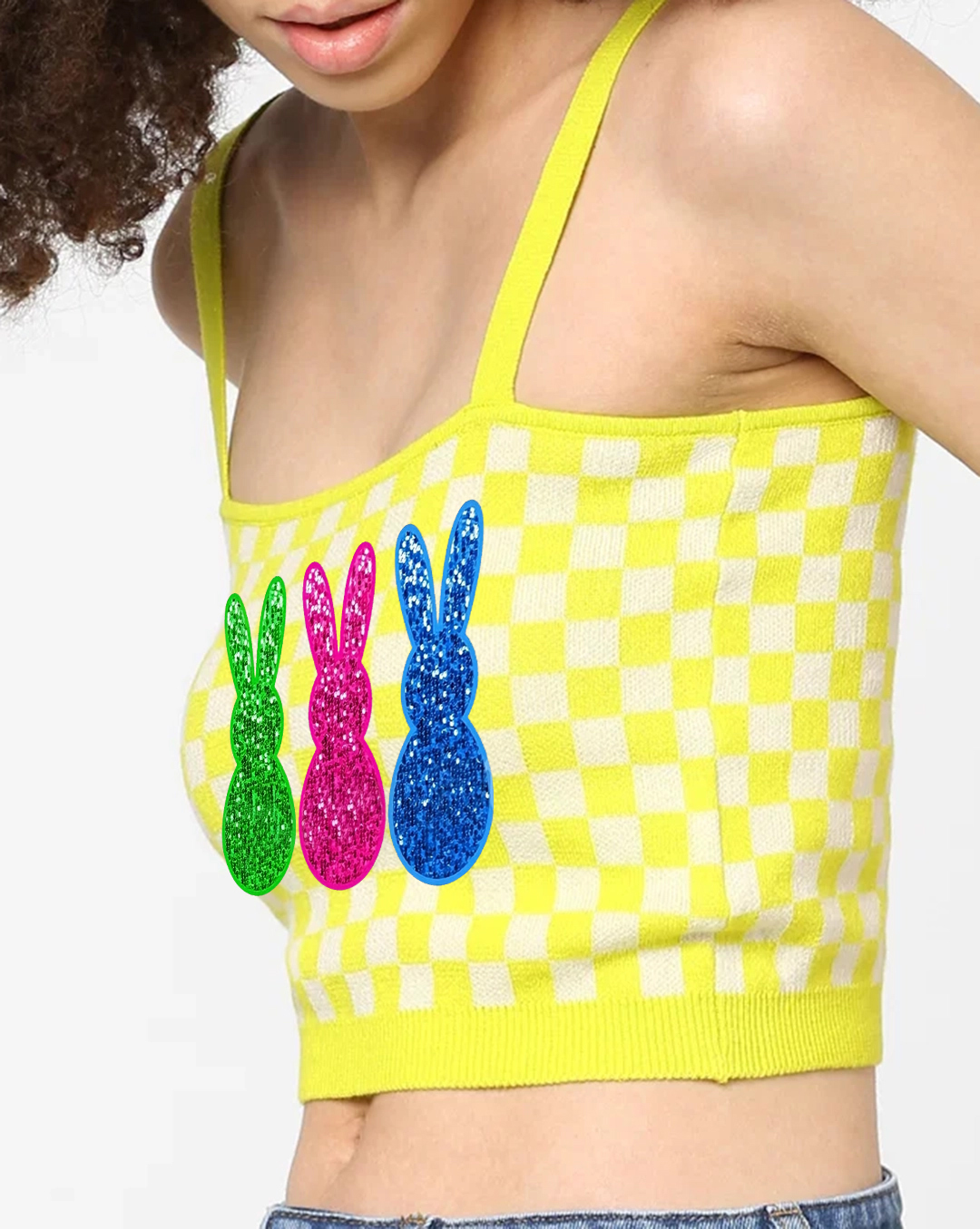 Yellow Checkered Bunny Print Knit Cropped Top