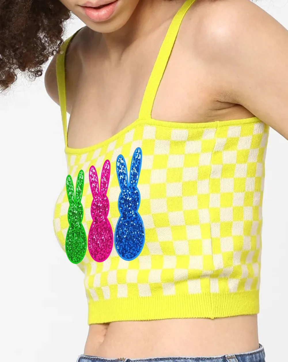 Yellow Checkered Bunny Print Knit Cropped Top