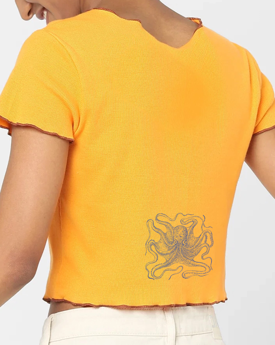 Yellow Octopus Print Short Sleeve Cropped T-shirt