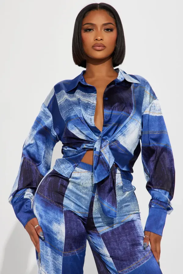 In A Denim Mood Satin Pant Set - Blue/combo