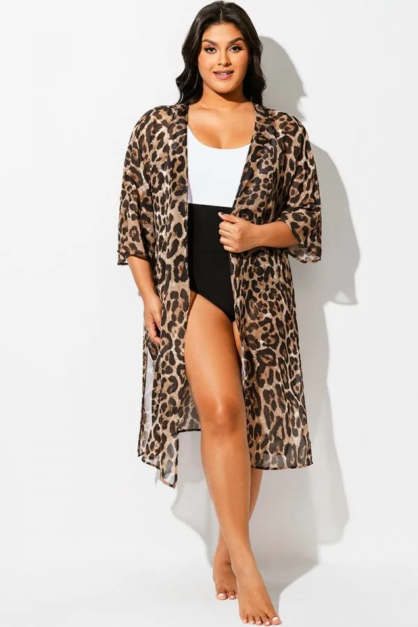 Plus Size Leopard Print Kimono Cover Up