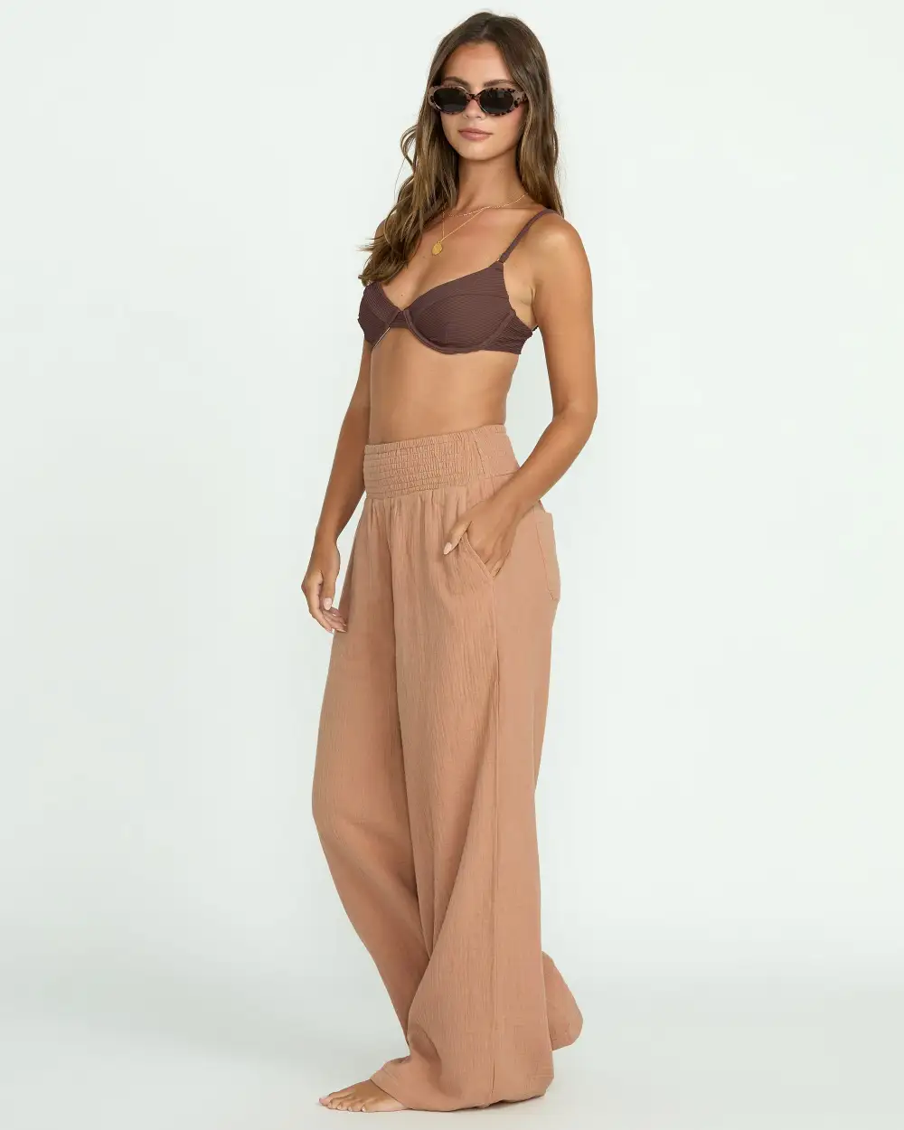 New Waves Gauze Elastic Waist Pants - Rose Brown