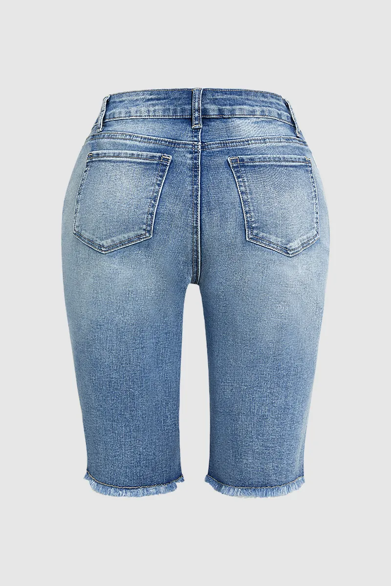 Floral Embroidery Raw Hem Mid Rise Denim Bermuda Shorts