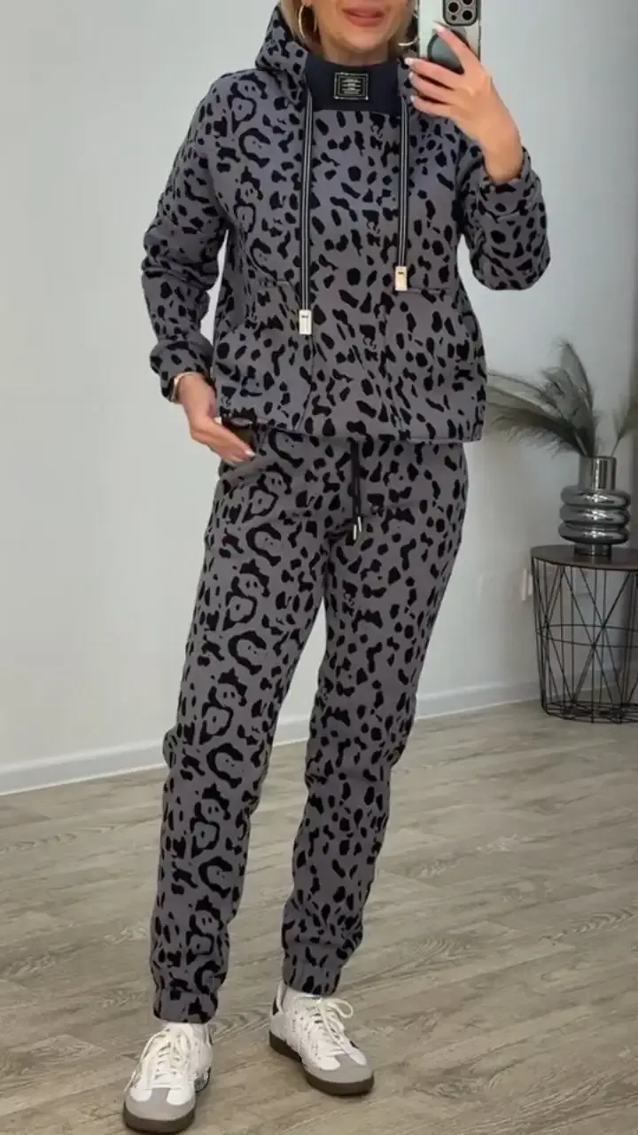 Women's High Collar Leopard Print Casual Warm Suit