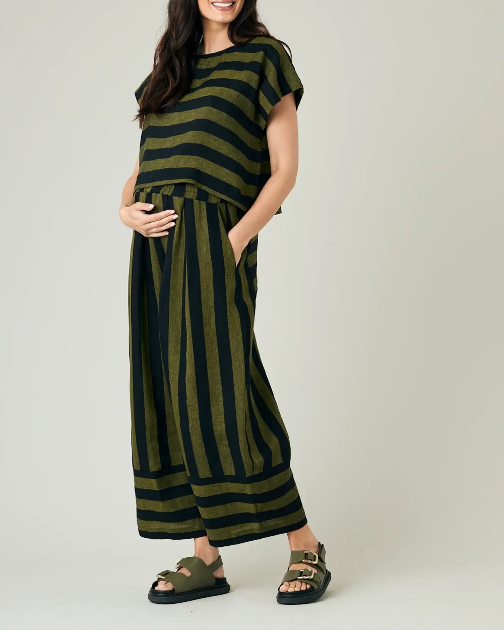 BLACK & OLIVE STRIPE LINEN TOP
