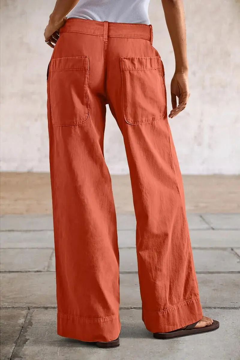 Solid Stitch Detail Mid Waist Straight Leg Pants