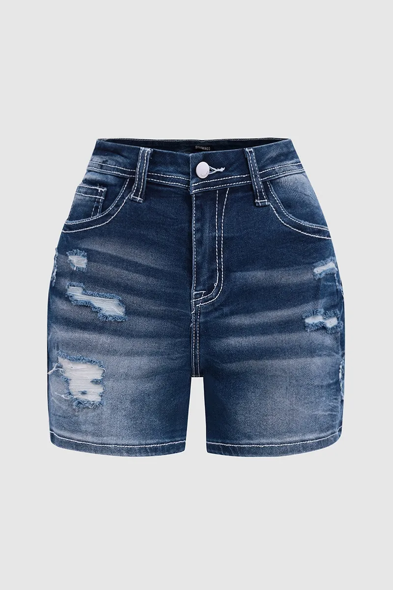 Animal Print Patched Ripped Mid Rise Denim Shorts