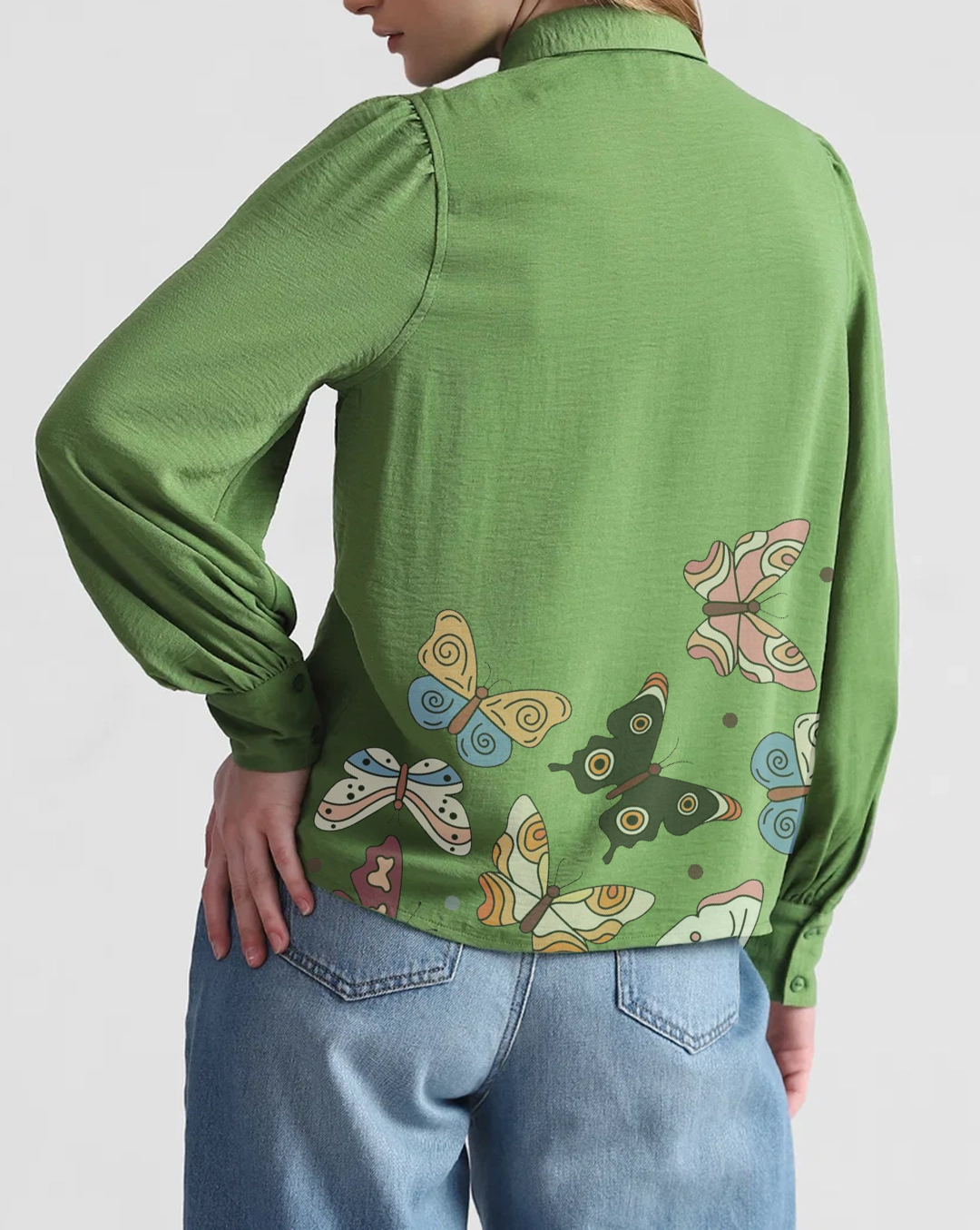 Green Puff Sleeve Textured Shirt with Butterfly Embroidery
