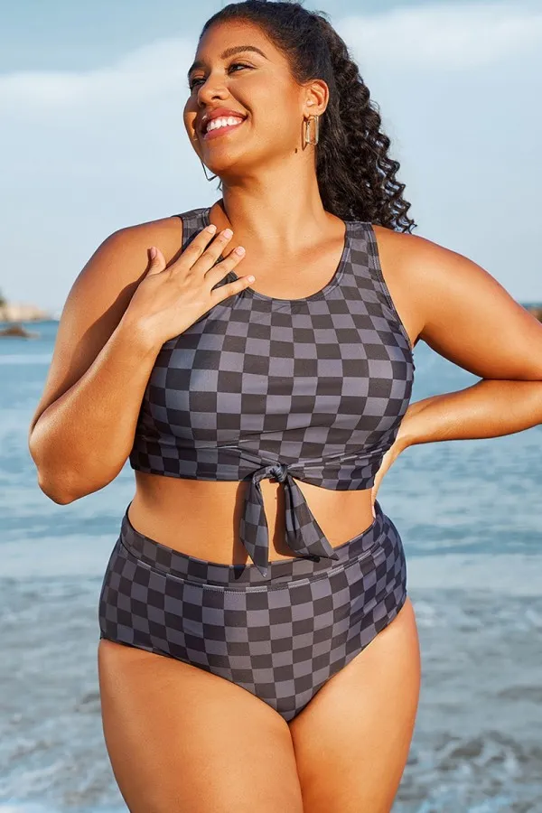 Black Grey Check Knotted Crop Bikini Top