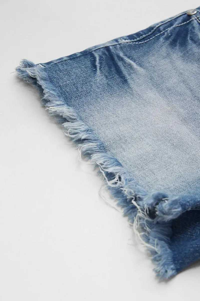 Ripped Raw Hem Rhinestone Detail Mid Waist Denim Shorts