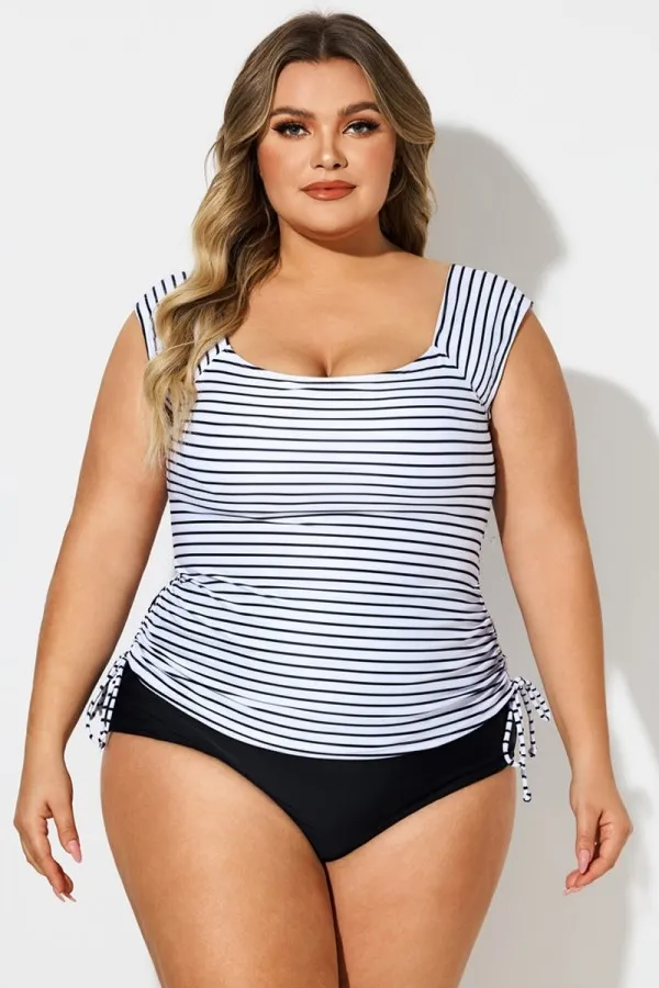 Black & White Stripes Tie Side Tankini Top