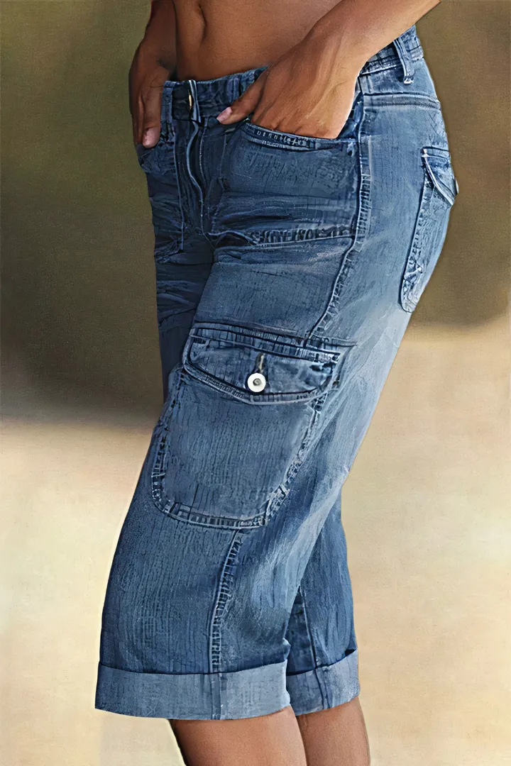Flap Pocket Roll Hem Bermuda Denim Shorts Without Belt