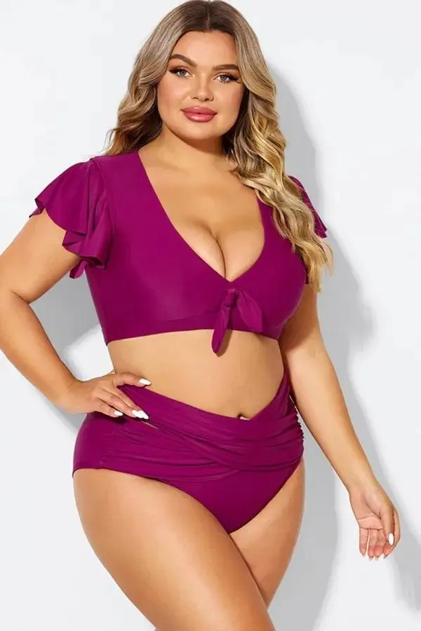 White Flutter-Sleeve Tie Detail Bikini Top