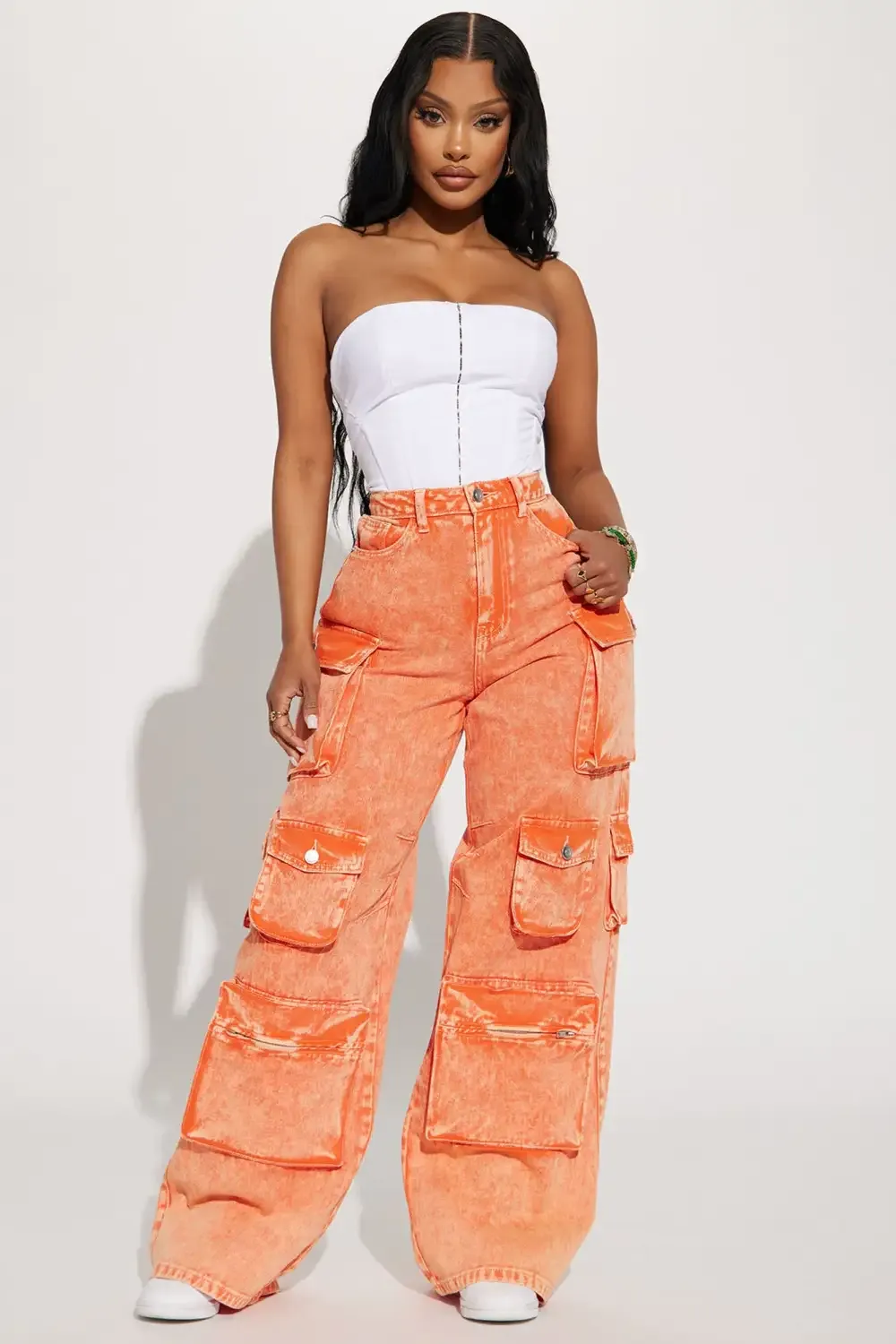 Lily High Rise Acid Wash Cargo Jeans - Orange