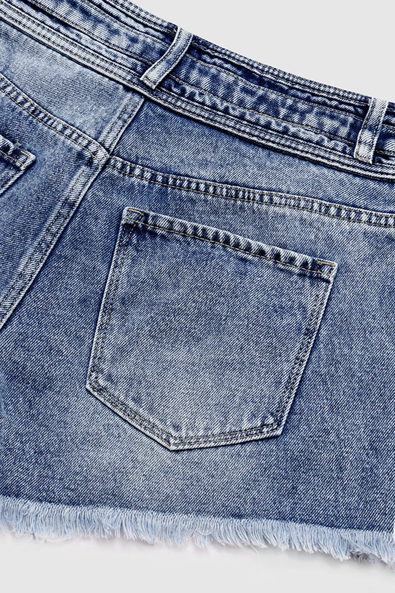 Wash Button Fly Raw Hem Mid Rise Denim Shorts