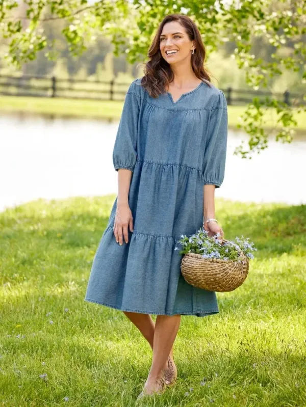 Notch-Neckline Denim Muumuu Dress