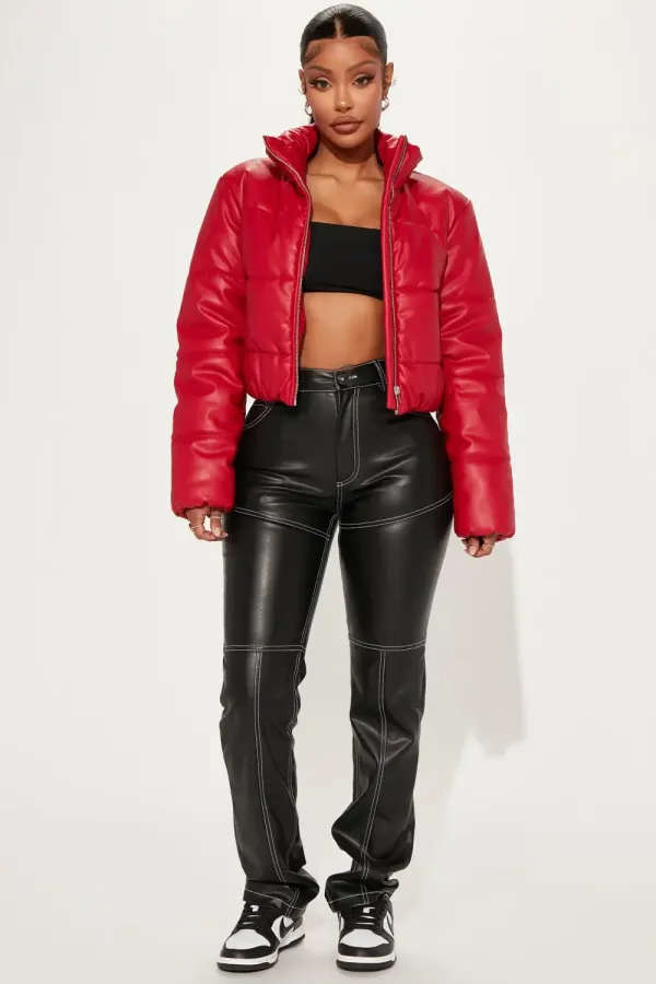Vixen Faux Leather Puffer Jacket - Red
