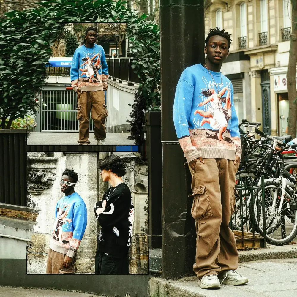Blue Sweater Renaissance Street Wear Fashion Printing Seasonal Trend Special Design
