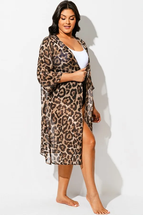 Plus Size Leopard Print Kimono Cover Up