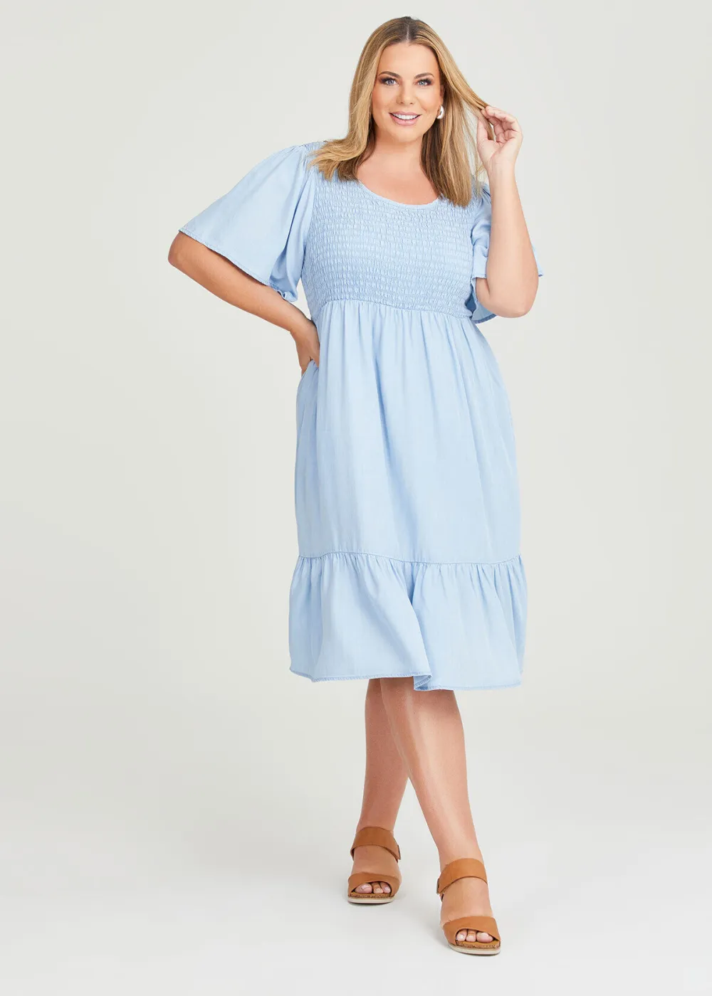 Natural Chambray Shirred Dress