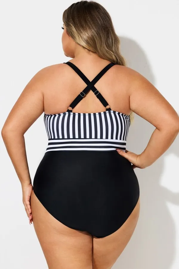 Plus Size Stripe Ruffle Trim V-Neck One Piece Swimsuit