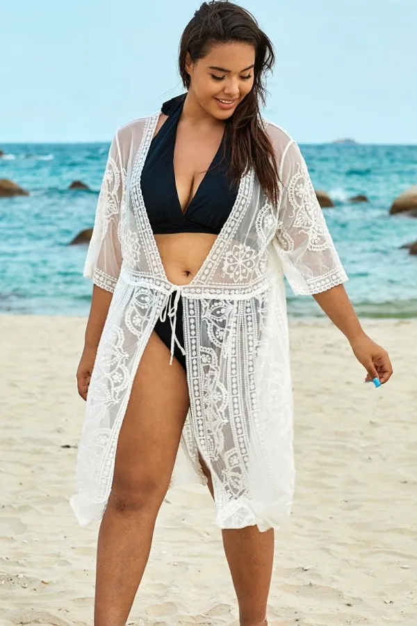 White Sexy Waves Embroidery Cover Up