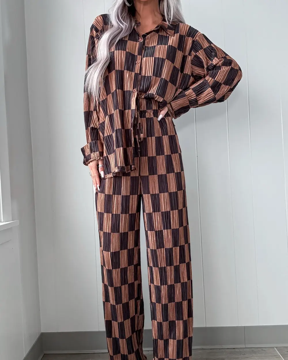 Pleated Checkered Pants Set - Taupe/Black
