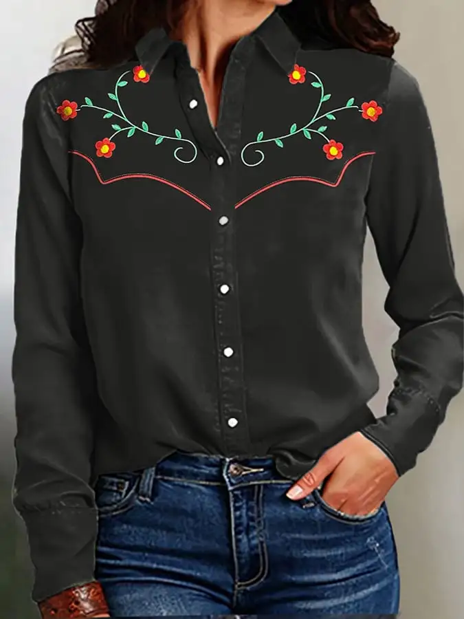 Women's Vintage Western Print Long Sleeve Shirt