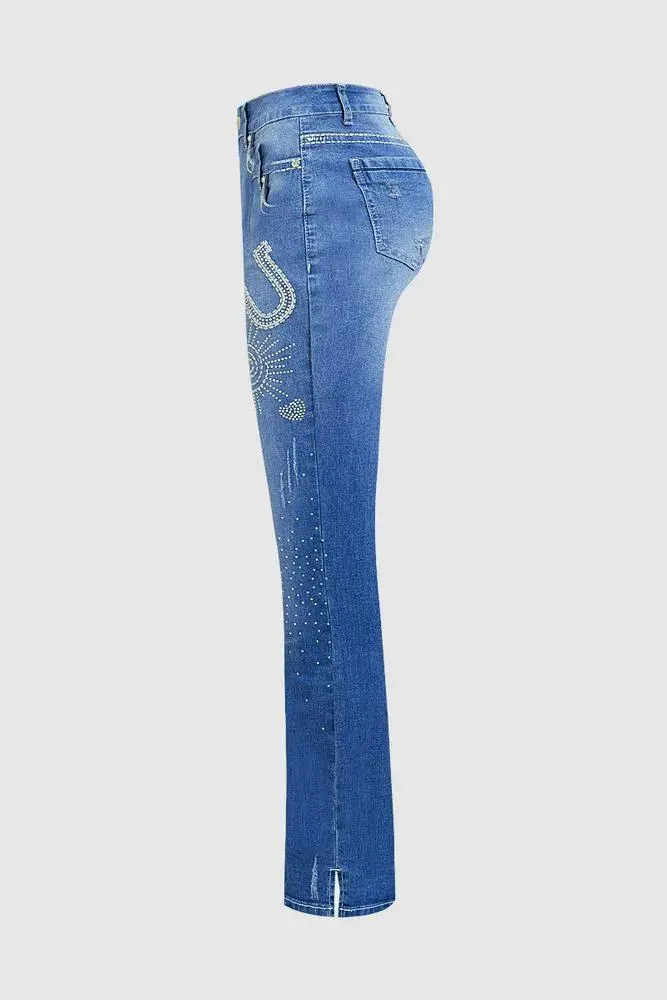 Embroidered Rhinestone Decor High Waist Bootcut Jeans Without Belt