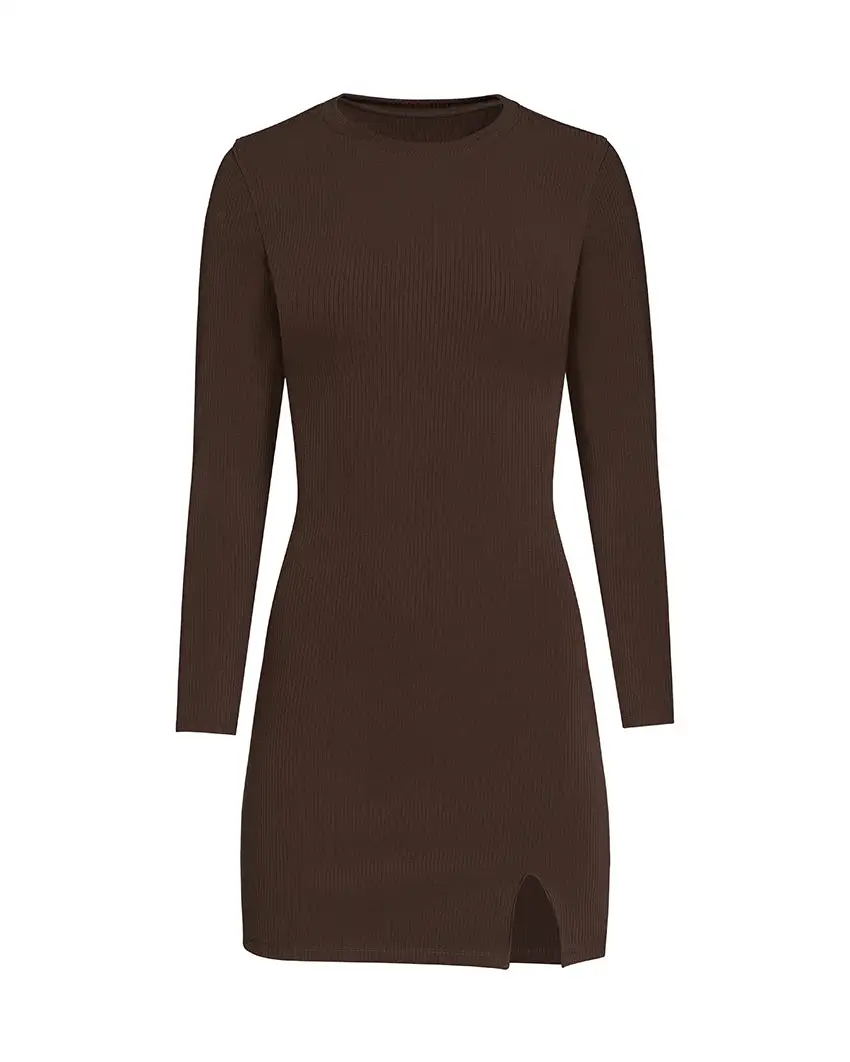 Rib Long Sleeve Split Hem Dress