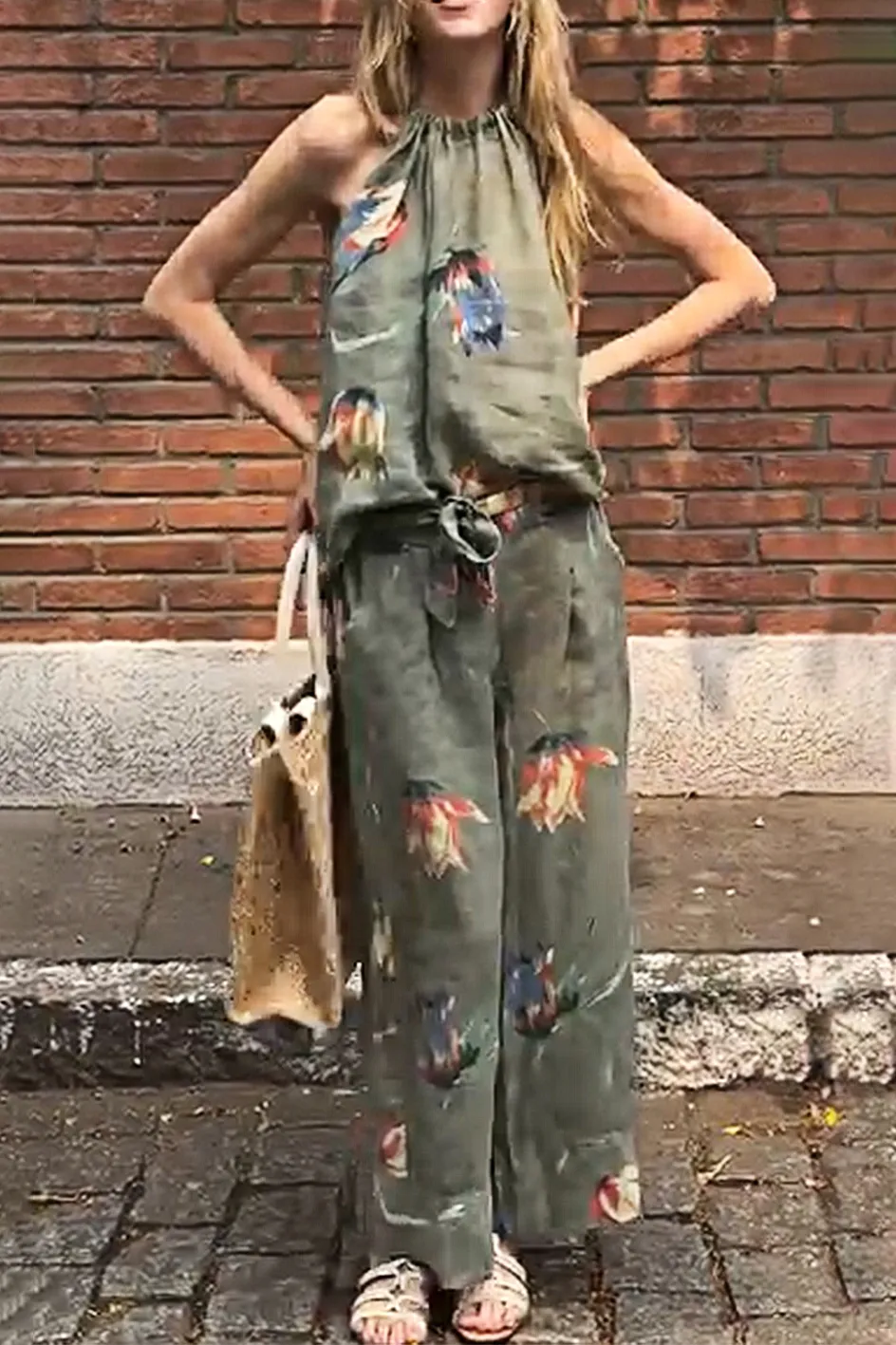 Women'S Printed Cotton And Linen Halter Neck Top And Pants Two-Piece Set