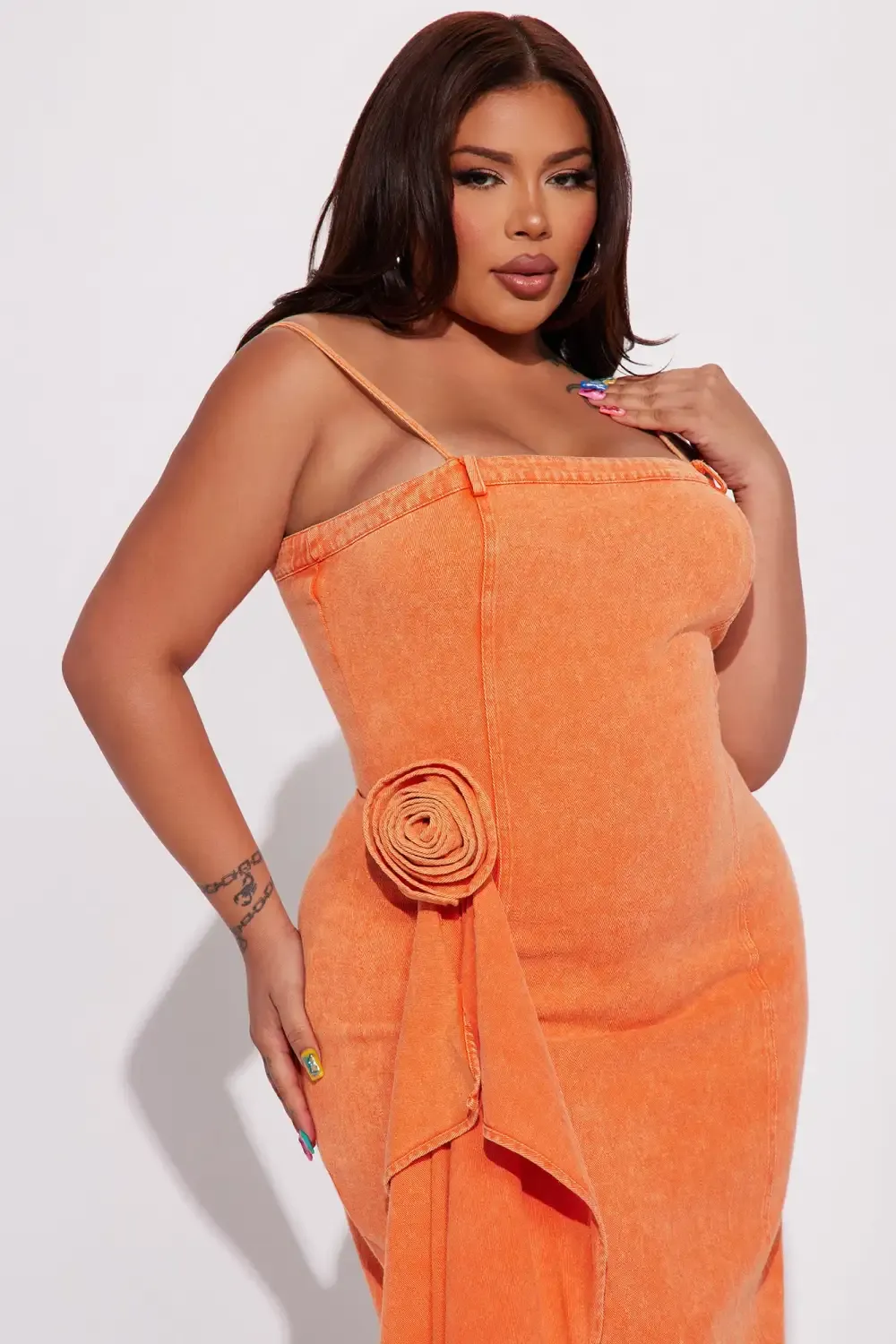 Rita Rosette Denim Midi Dress - Orange