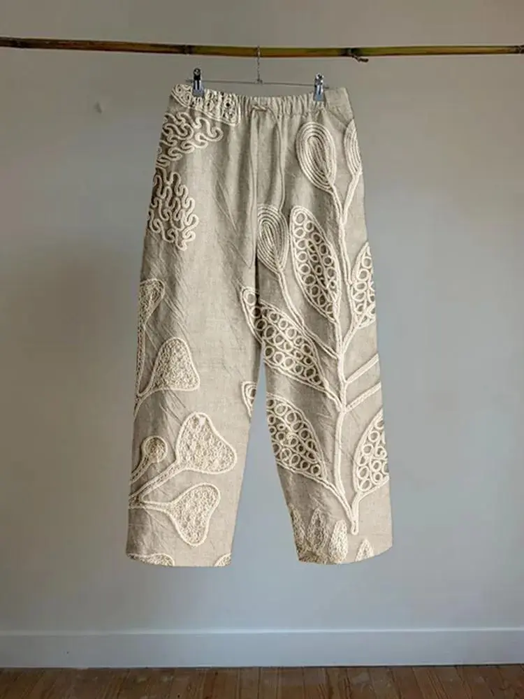 Vintage Leaf Embroidery Art Linen Blend Comfy Pants