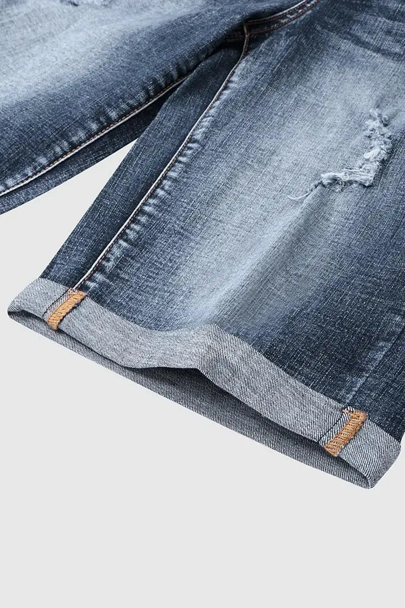 Ripped Rolled Hem Denim Bermuda Shorts Without Belt