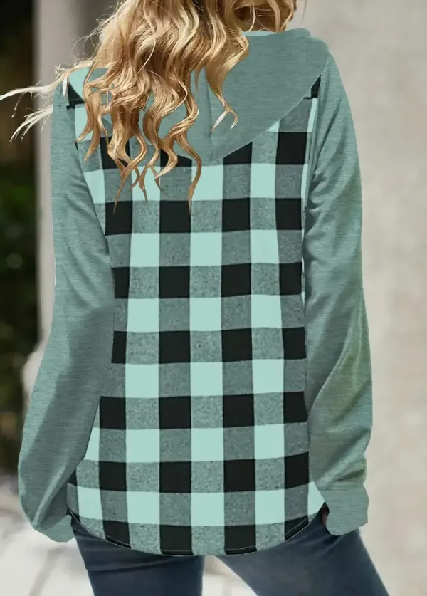 Mint Green Pocket Plaid Long Sleeve Hoodie