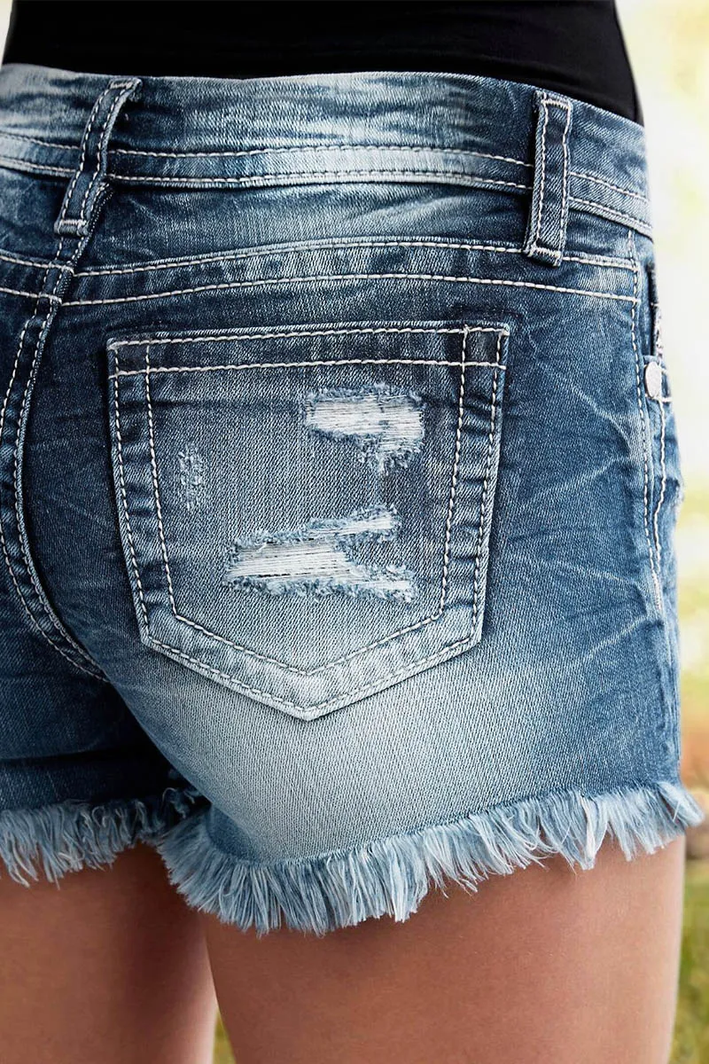 Wash Ripped Raw Hem Mid Waist Denim Shorts