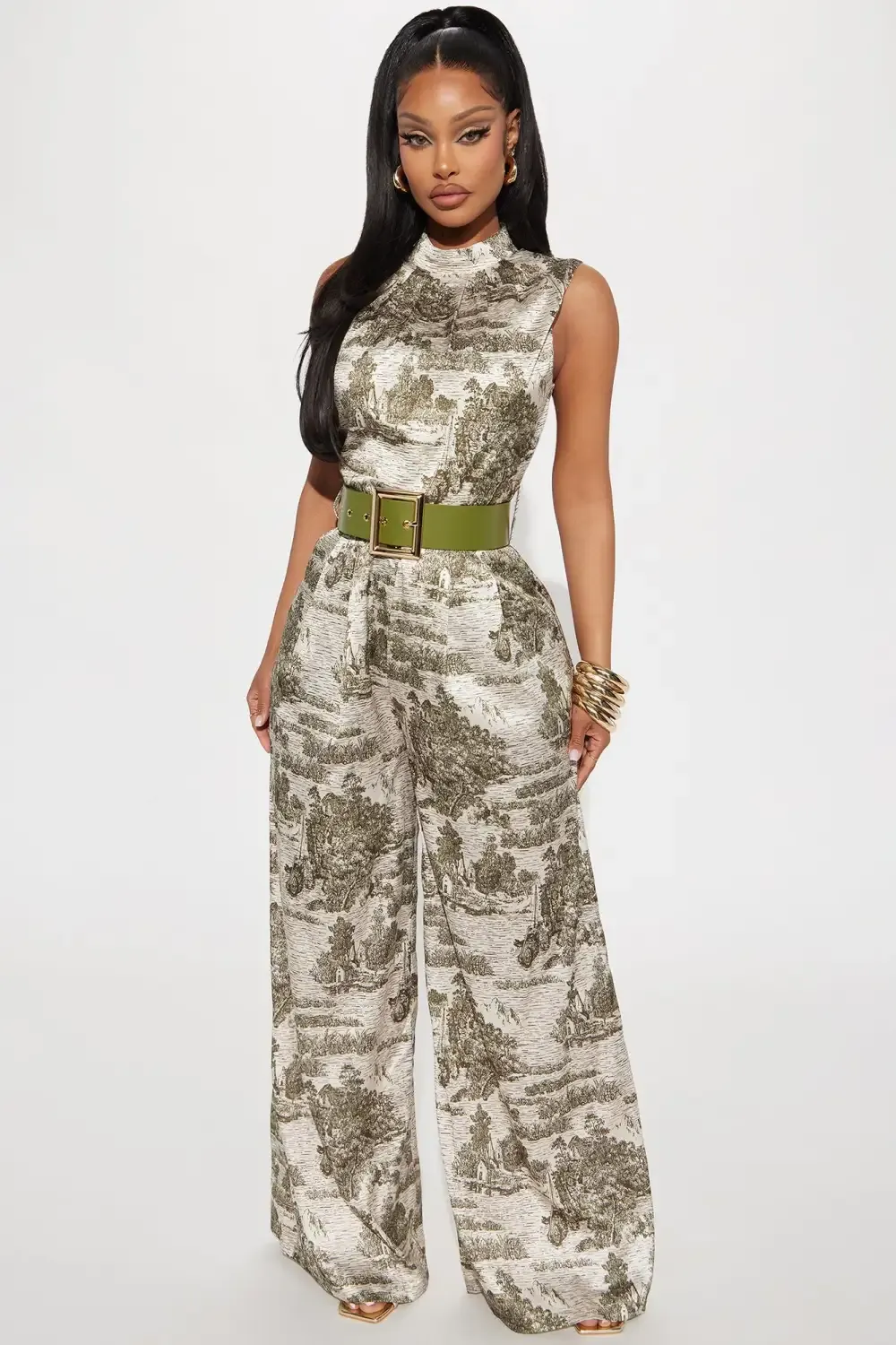 Call Me Satin Belted Jumpsuit - Olive/combo