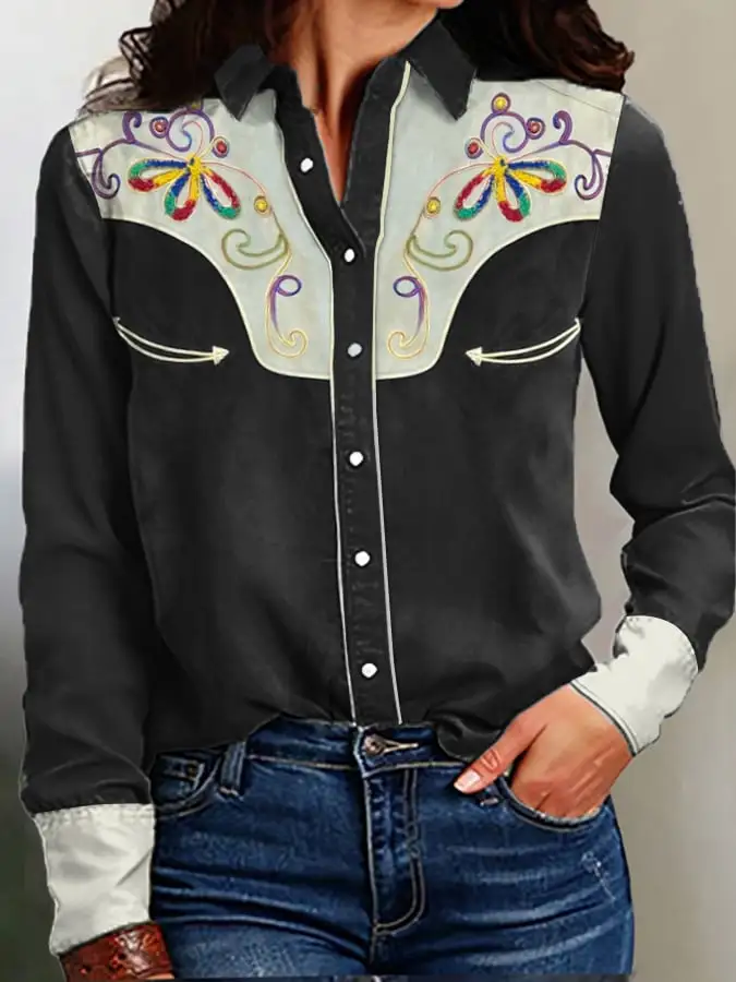 Women's Vintage Western Print Long Sleeve Shirt