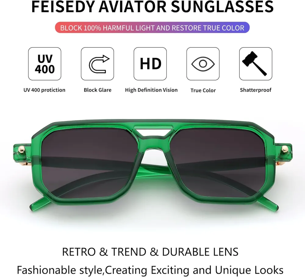 FEISEDY Vintage Square 70s Flat Aviator Sunglasses Women Men Classic Retro Stylish Frame UV400 Sunglasses B2622