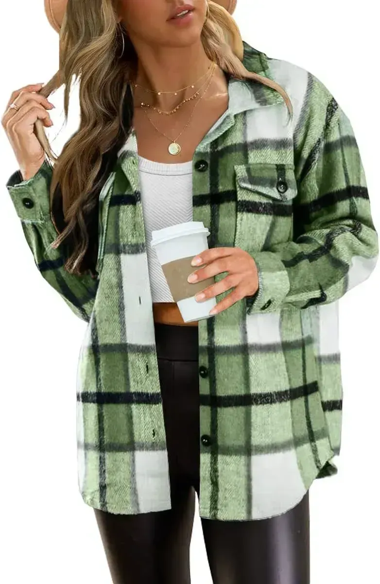 Womens Casual Plaid Shacket Button Down Long Sleeve Shirt