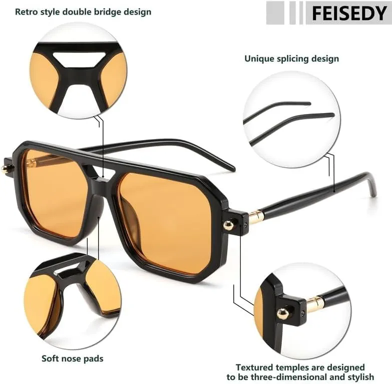 FEISEDY Vintage Square 70s Flat Aviator Sunglasses Women Men Classic Retro Stylish Frame UV400 Sunglasses B2622