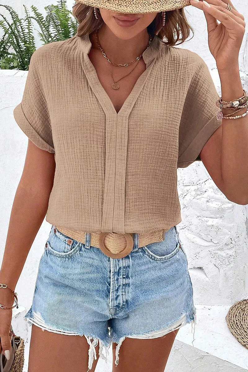 Solid Roll Sleeve Notched Neck Blouse