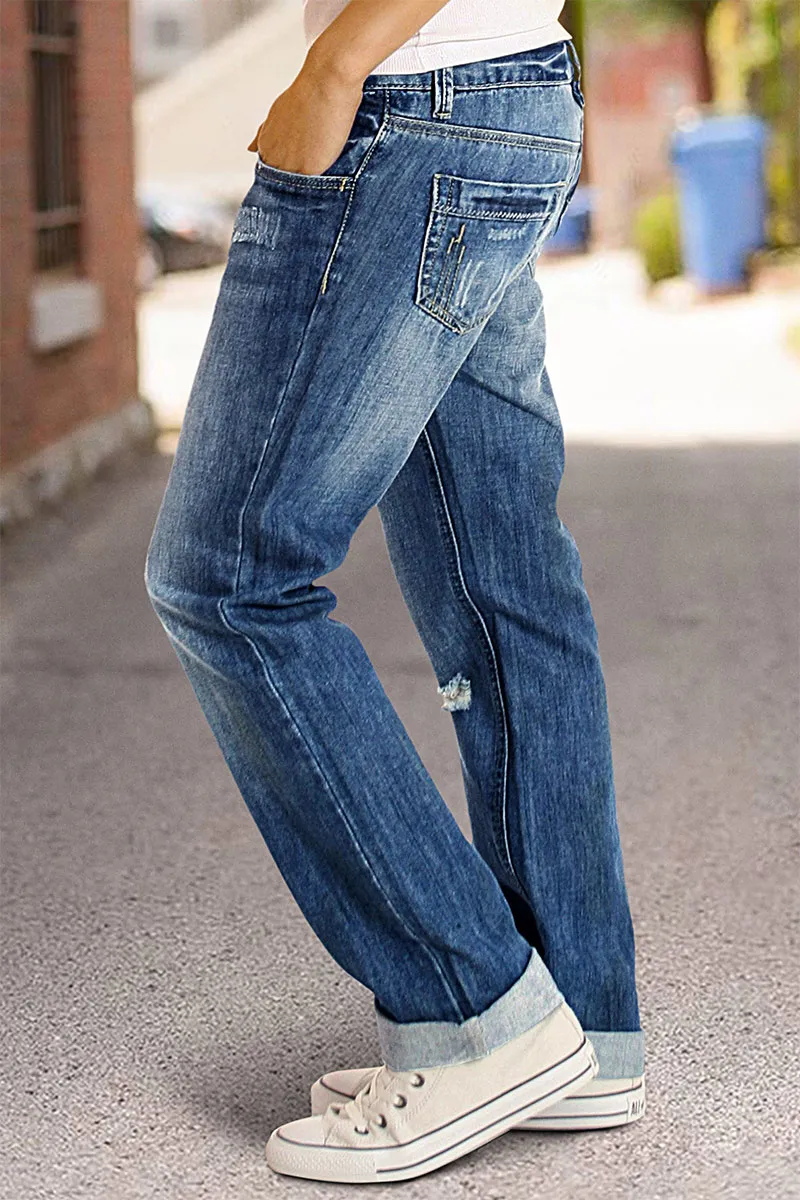 Wash Ripped Double Button Mid Rise Straight Leg Jeans