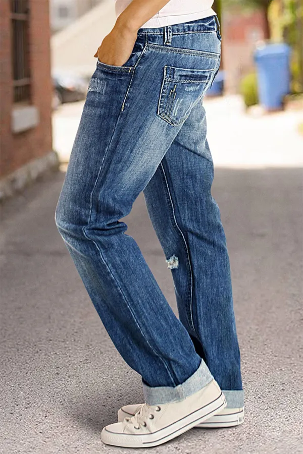 Wash Ripped Double Button Mid Rise Straight Leg Jeans