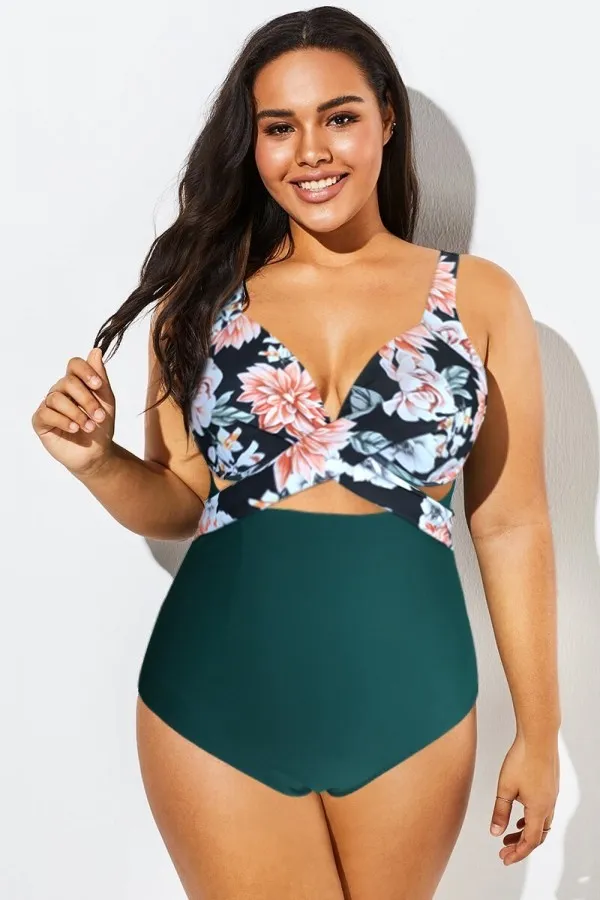 Floral Print Modest Cut-Out One Piece Swimsuit
