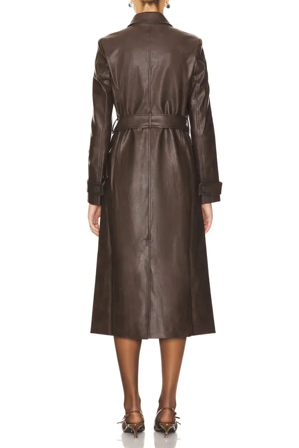 Faux Leather Trench Coat-Dark Chocolate