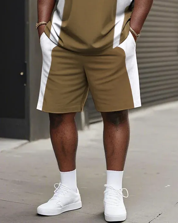 Men'S Plus Size Functional Striped Stitching Print Short Sleeve T-Shirt Shorts Suit