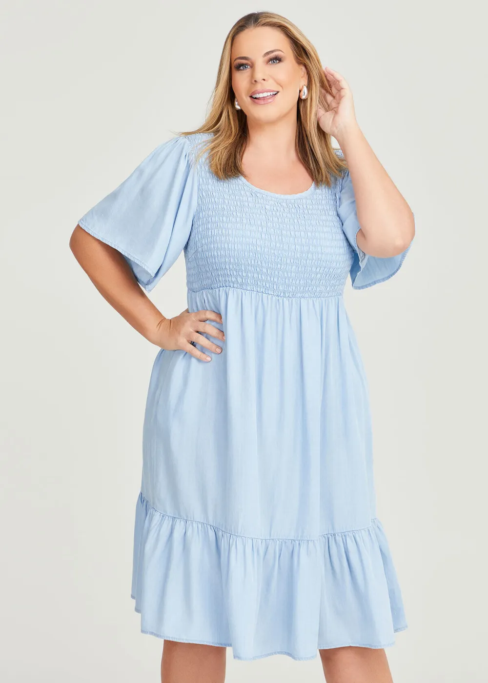 Natural Chambray Shirred Dress