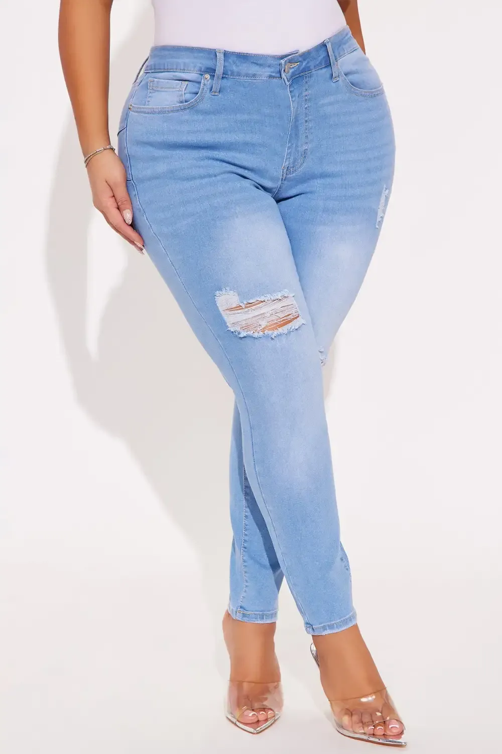Got Spunk Destroyed High Stretch Skinny Jeans - Light Wash