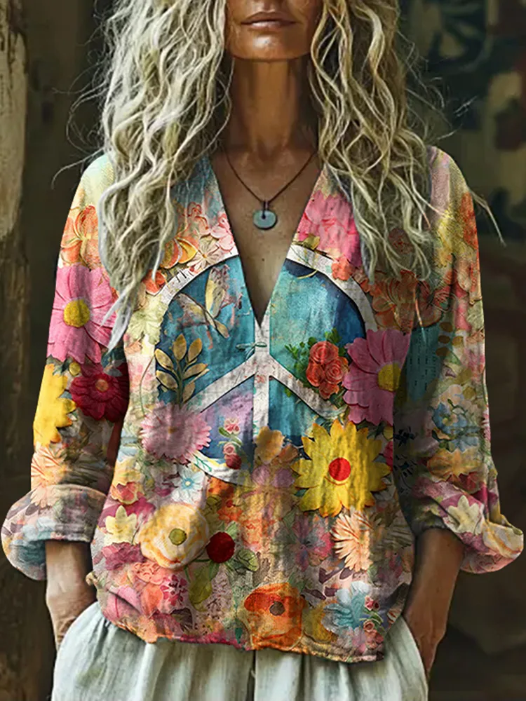 Vintage Hippie Vibe Peace And Love Hippie Floral Painting Art Linen V Neck Long Sleeve Shirt